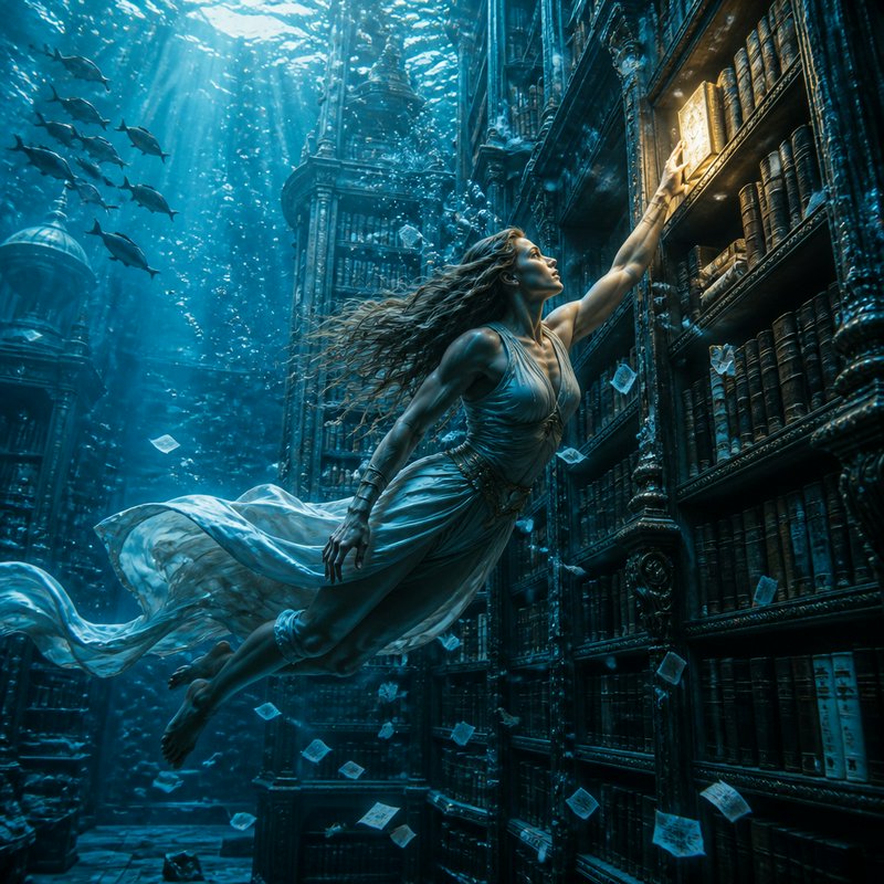 Graceful woman in flowing gown reaches for a glowing book while floating through an ornate sunken...