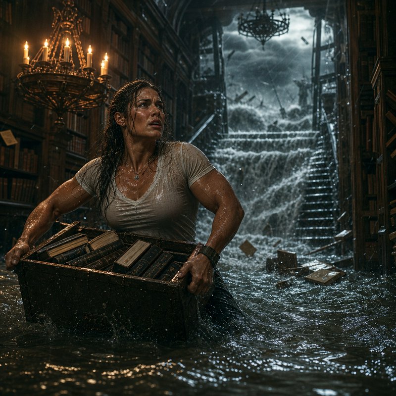 Soaked muscular woman carries a crate of antique books through waist-deep floodwater in a storm-b...