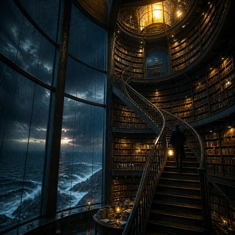 Hooded figure with lantern climbs spiral staircase in towering cliffside library overlooking stor...