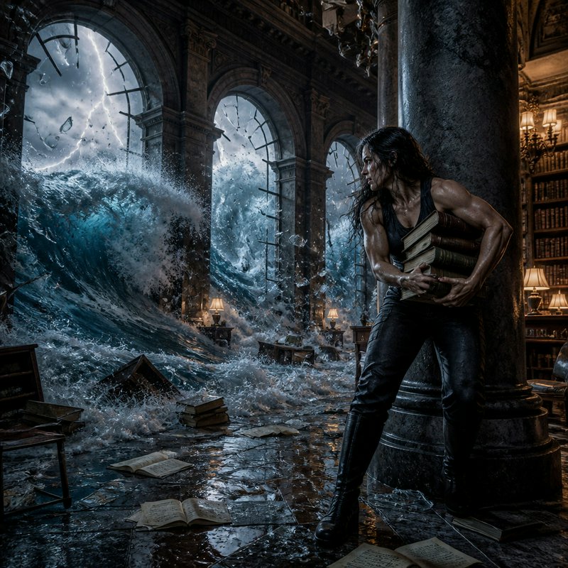 Muscular wet woman clutches a stack of books as flood waves crash through broken windows of a sto...
