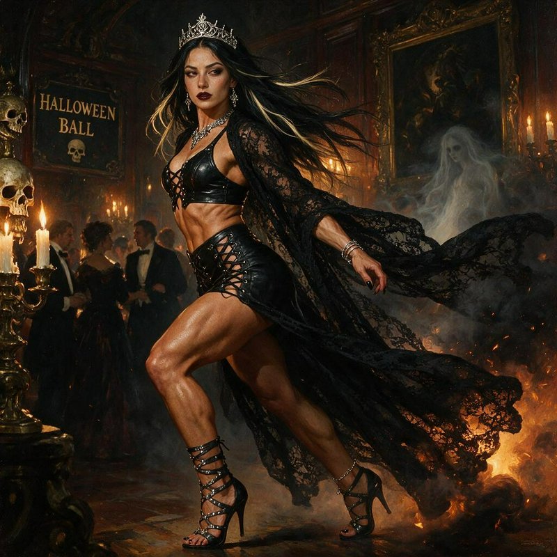 Dynamic gothic queen in black lace and leather stands center of a flickering candlelit spooky Hal...