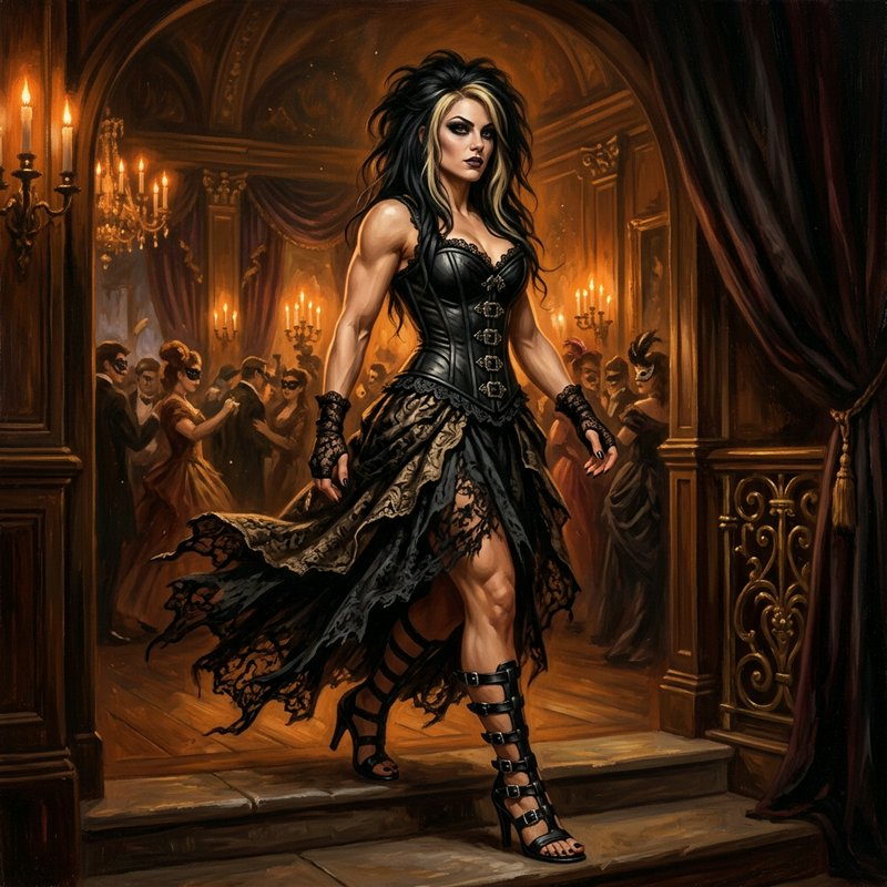 Muscular gothic woman in a lace corset gown stands in an arched doorway of a warm candlelit masqu...