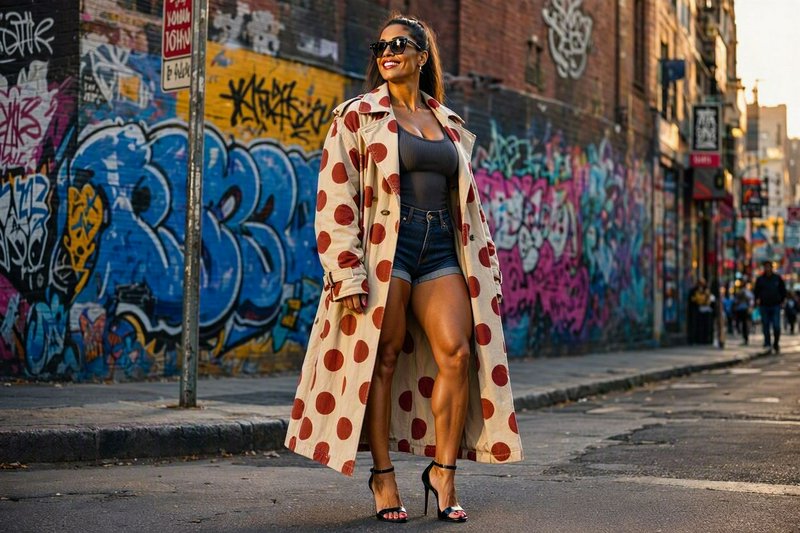 Smiling fashionable woman in an oversized polka dot trench coat stands on a graffiti-lined urban ...