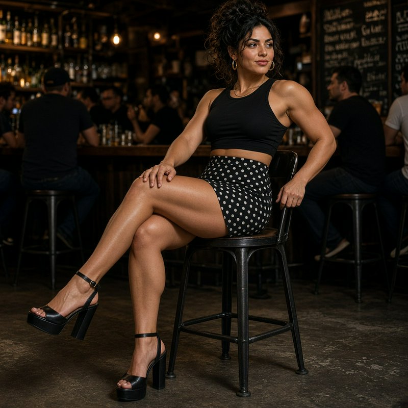 Confident fit athletic woman sits on a tall metal bar stool inside a warm dim rustic pub, wearing...
