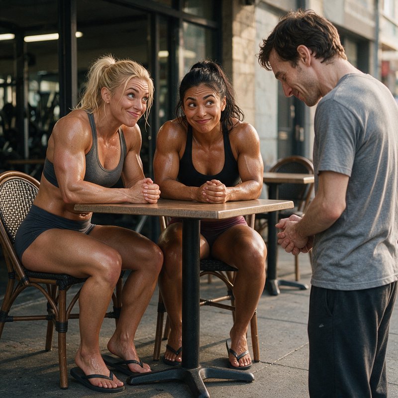 Two glistening muscular post-workout women sit at an outdoor cafe table, looking amused at a stan...