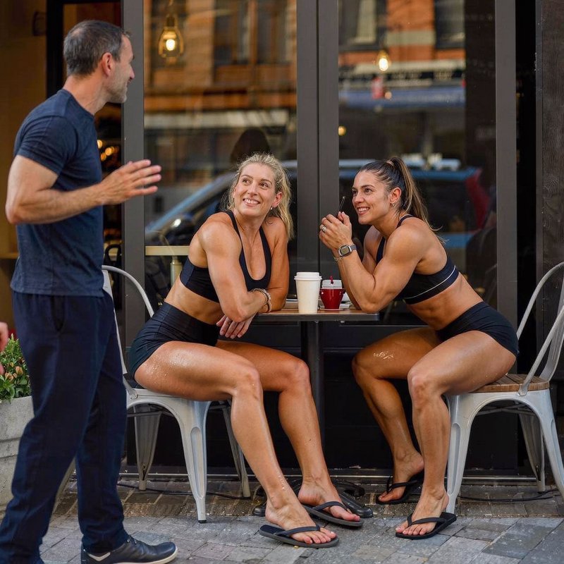 Two muscular post-workout women sit at an outdoor cafe table laughing while a standing man speaks...