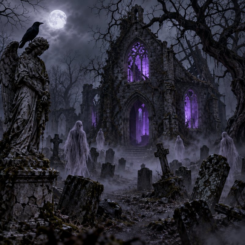 Wispy ghostly figures drift through a fog-shrouded graveyard before a glowing ruined Gothic churc...