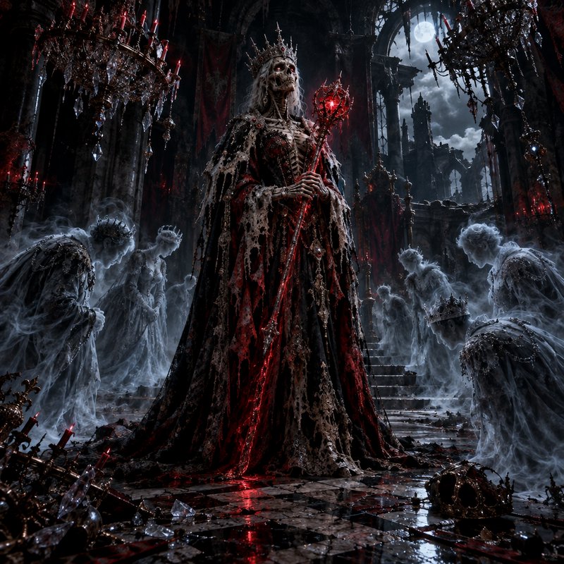 Skeletal lich queen holds a glowing red scepter as ghostly courtiers bow in a ruined moonlit throne room