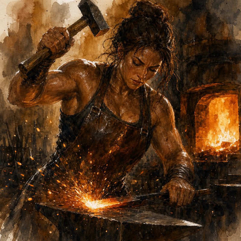 Muscular female blacksmith strikes hot metal on an anvil with a hammer beside a blazing workshop ...