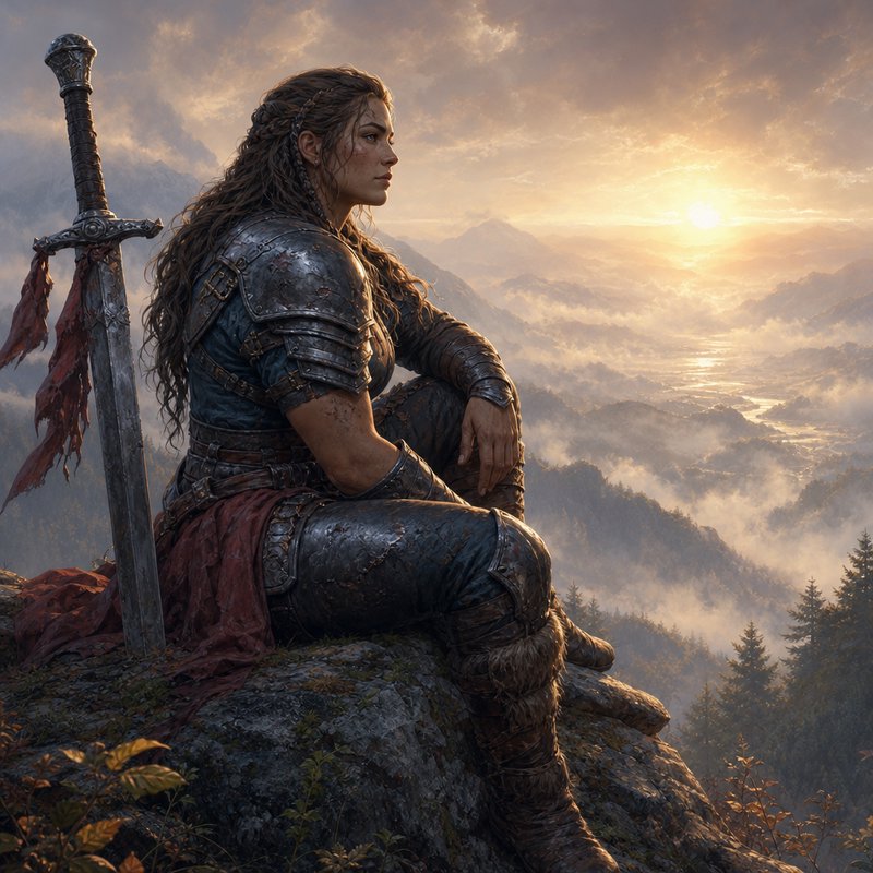 Armored female viking warrior sits on a cliff beside her sword overlooking a misty mountain sunset