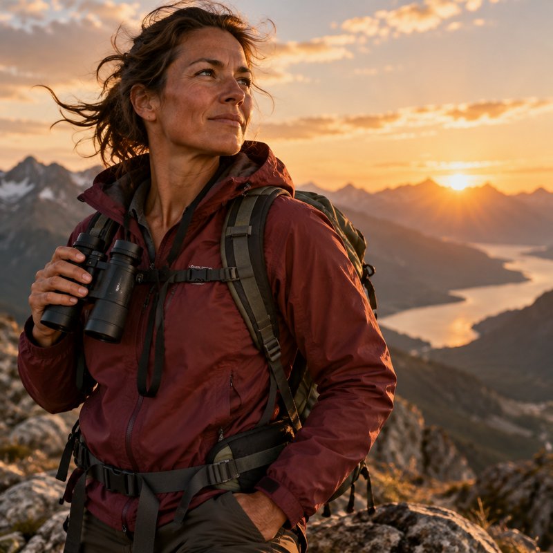 Female hiker holding binoculars stands on a mountain summit at sunset overlooking an alpine lake