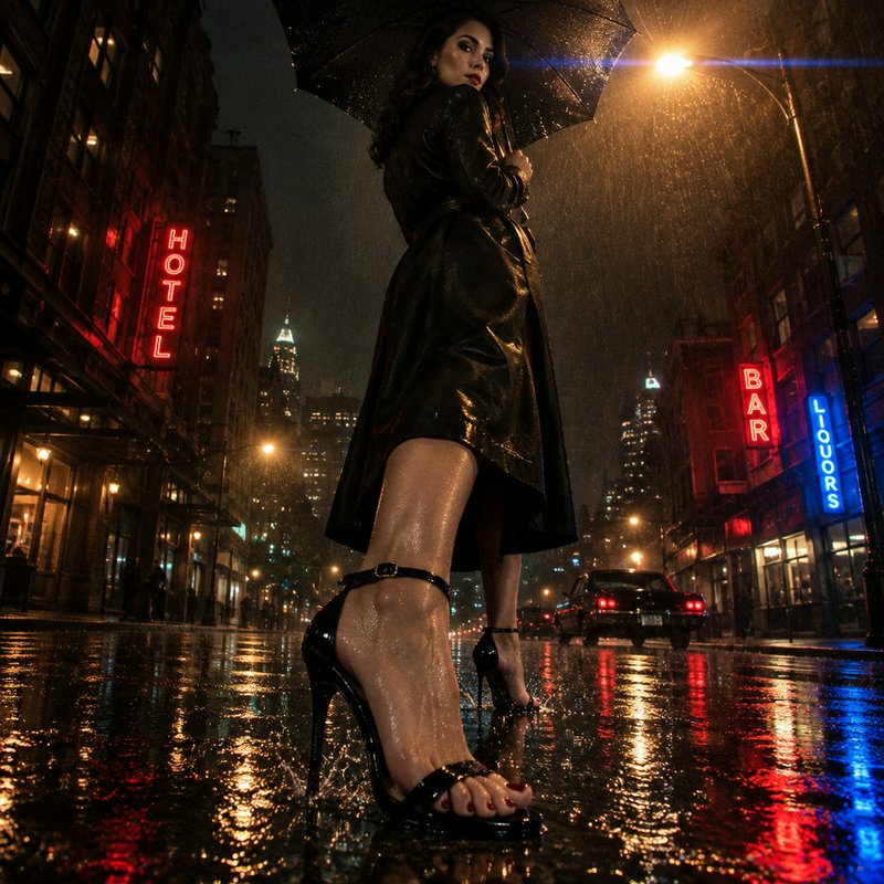 Woman holding an umbrella stands on rain-slicked downtown city street at night, low angle shot