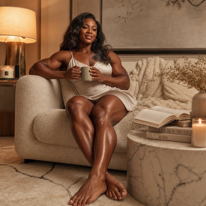 Muscular Black woman sitting on a plush boucle couch holding a mug in a warm cozy living room