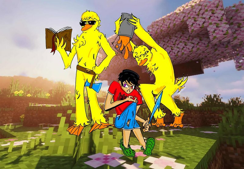 A boy in a red shirt and blue shorts faces two large yellow duck-like creatures in a Minecraft-in...