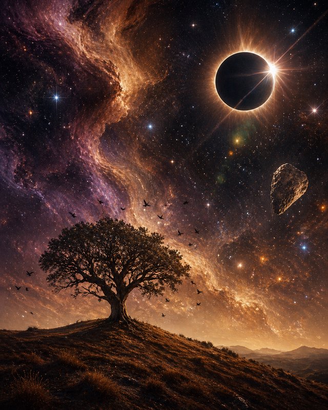 Solitary tree on a hill under a cosmic sky with a glowing planet and nebula backdrop