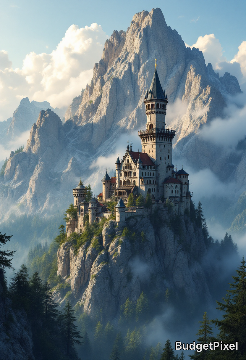 Fairy-tale castle perched on a rocky cliff amid misty alpine mountains