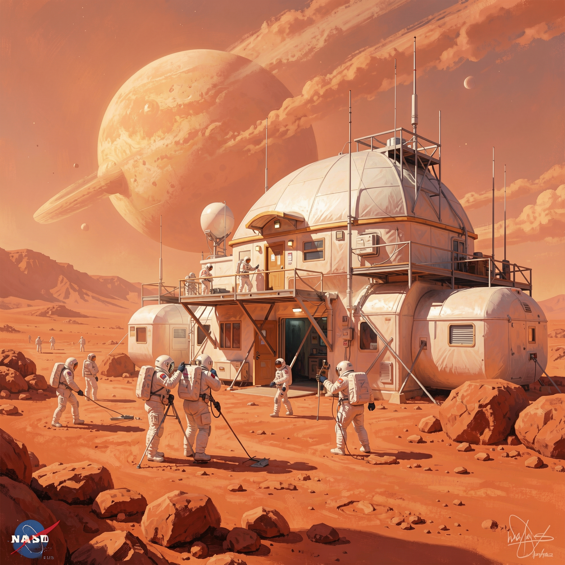 Astronauts work at a Mars habitat outpost, a large ringed planet hangs above red rocky alien desert terrain.