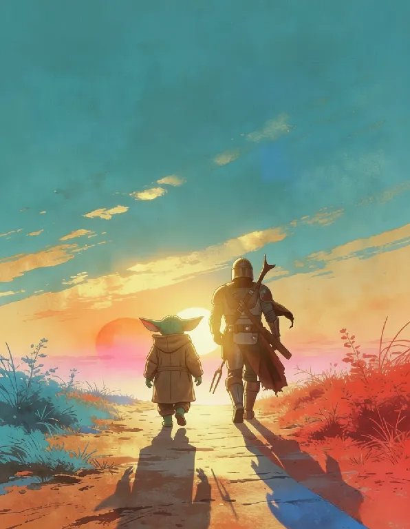 The Mandalorian and Grogu walk toward a vibrant sunset along a desert path.