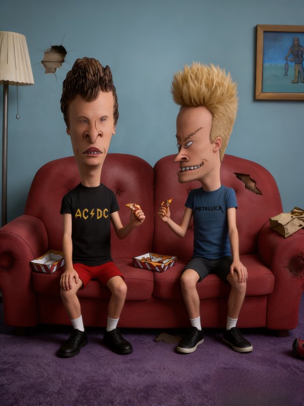 Two oversized-headed puppet characters in rock band tees sit on a torn red sofa, sharing pizza.