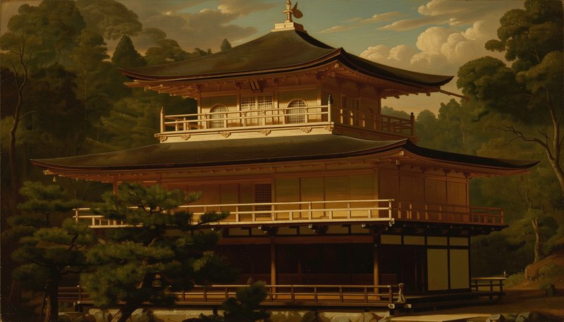 Traditional wooden Japanese temple with curved tiered roofs in a forest setting at dusk.