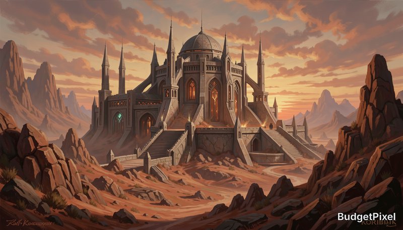 Fantasy castle in a rocky desert at sunset with spires and grand staircases.