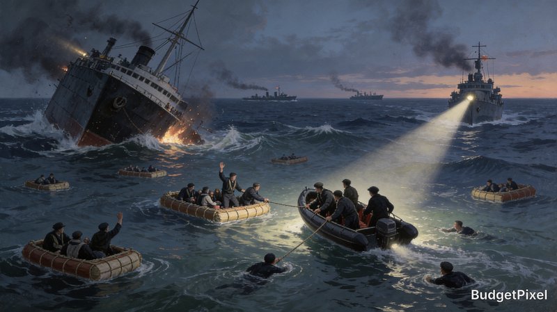 Sinking ships at sea with lifeboats and rescuers under a dusky sky.