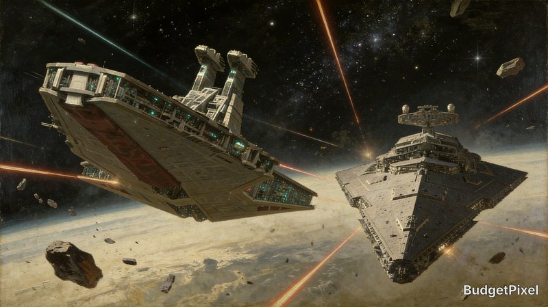 Two massive sci-fi starships engage in a battle above a planet with laser beams and floating aste...
