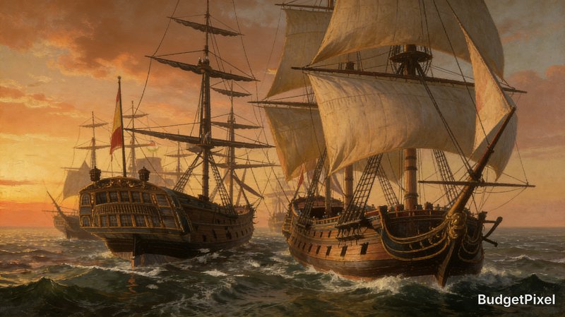 Old sailing ships with full sails on a choppy sea at sunset.