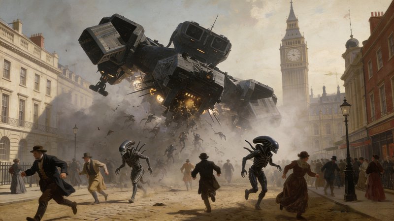 Massive mechanical robot crashes into a London street with Big Ben in the background as people fl...
