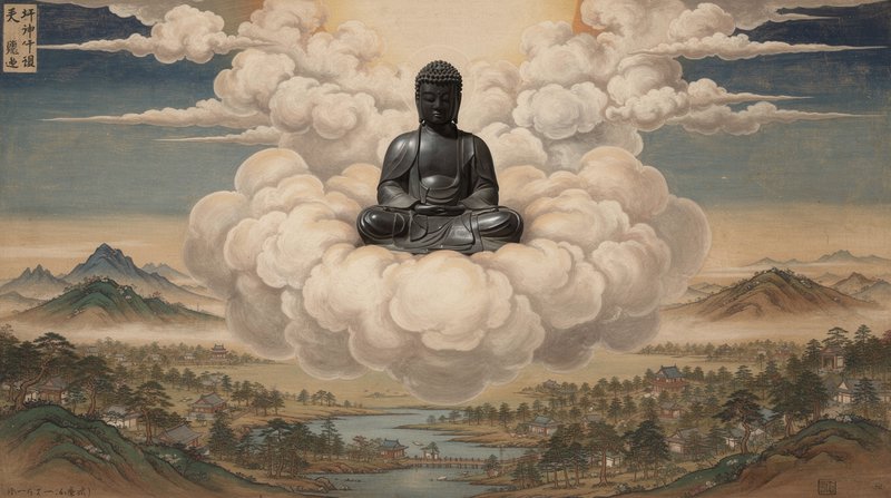 Large dark Buddha statue seated on a fluffy cloud above a mountainous landscape.