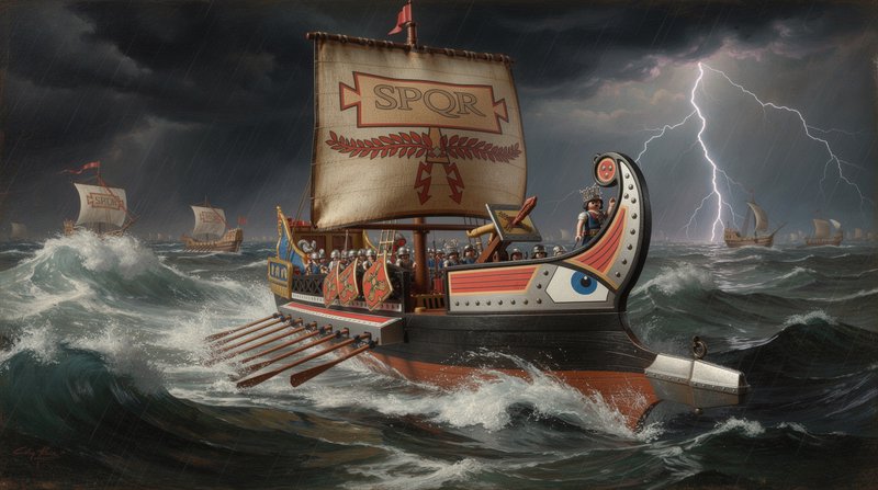 Stormy sea scene with a Roman-style warship labeled SPQR and rowers on rough waters.