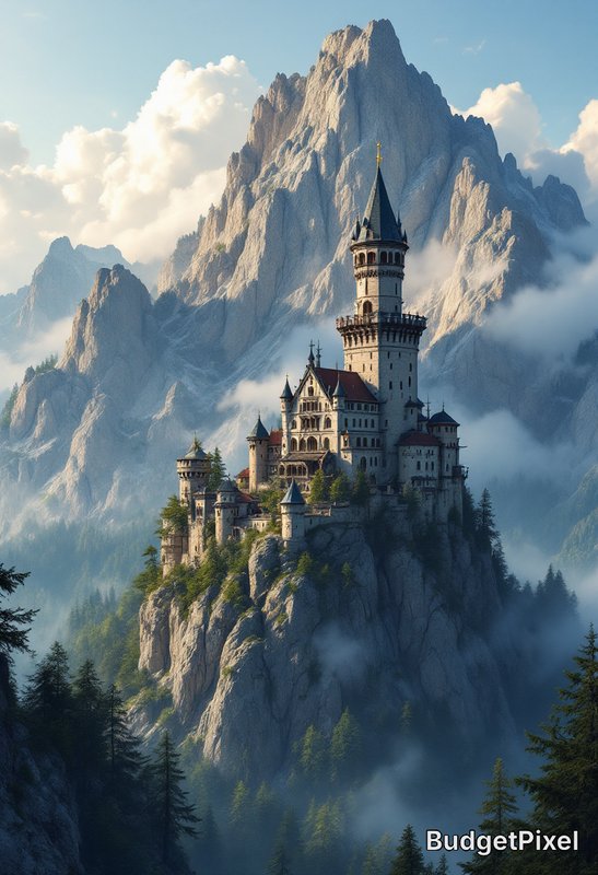 Fairy-tale castle perched on a rocky cliff amid misty alpine mountains