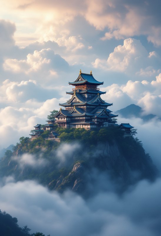 Traditional pagoda perched on a rocky cliff amid clouds and mist.