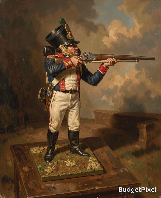 Napoleonic era soldier in blue coat firing a long musket from a pedestal display.