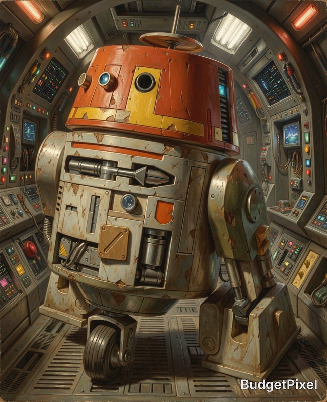 Rusty orange astromech droid in a sci-fi spaceship cockpit with panel-lit controls.