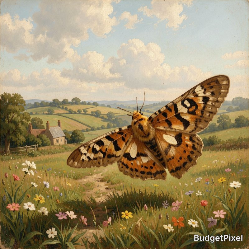 Butterfly with orange and black wings over a meadow of wildflowers near a cottage.