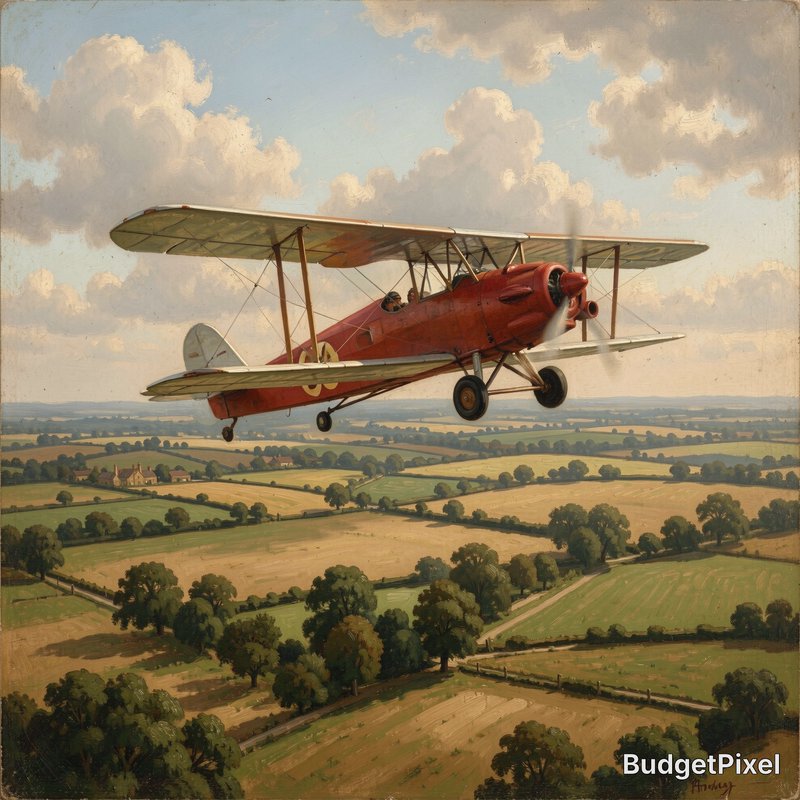 Red vintage biplane flying low over rural fields and hedgerows.