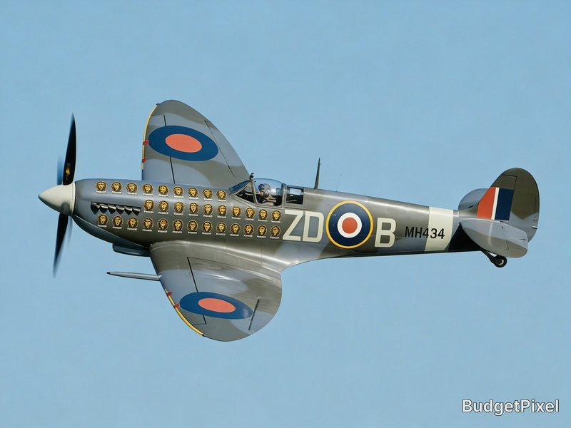 Vintage RAF Spitfire fighter in flight with portrait decals along the fuselage and roundels.