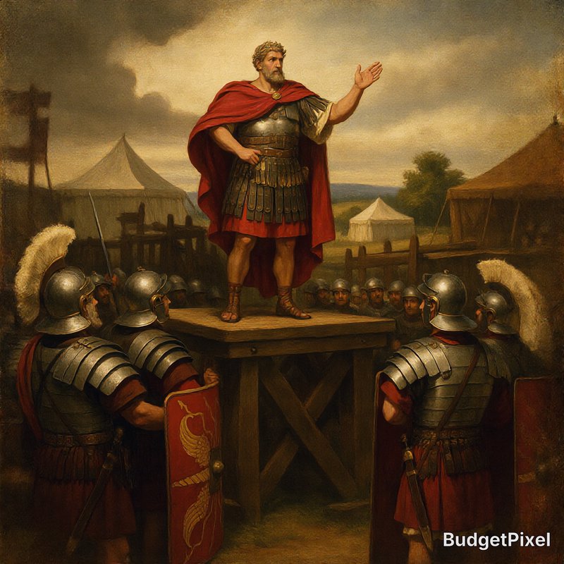 Roman general standing on a wooden platform addressing armored soldiers in red cape