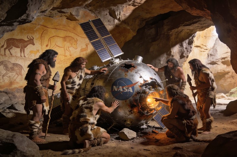 Prehistoric cavemen gather in an animal-painted cave to inspect a crashed, damaged NASA satellite...