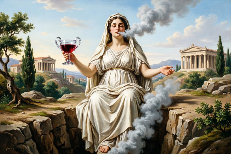 Neoclassical painting of an ancient Greek priestess sitting on a cliff, holding a red wine goblet...
