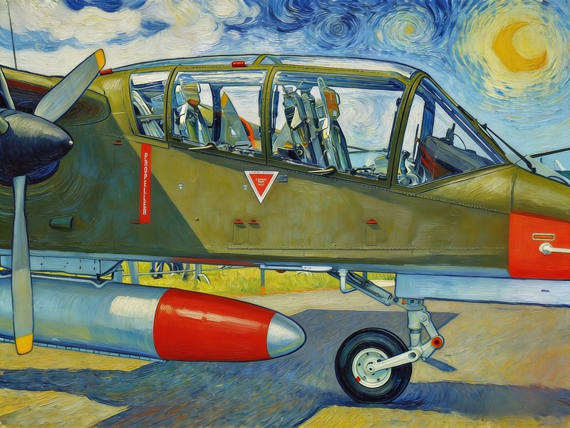 Van Gogh Starry Night-style oil painting of an olive green military propeller plane parked on an ...