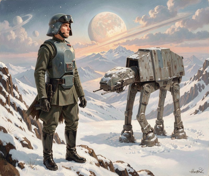 Star Wars Imperial soldier stands on a snowy alien mountain with an AT-AT walker, ringed alien pl...