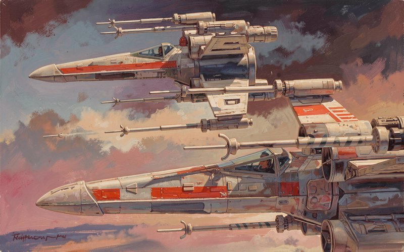 Original oil painting of two red-marked Star Wars X-wing starfighters flying in formation against...