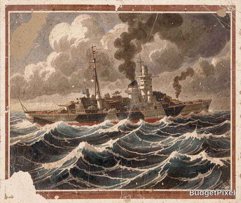 Weathered vintage illustration of a WWII-era battleship steaming through rough stormy ocean waves...