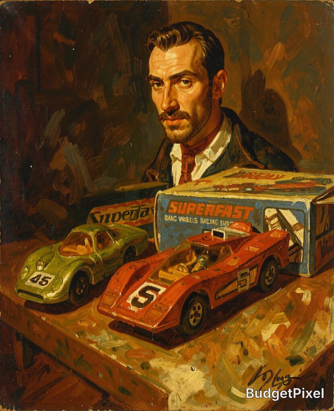 Impasto oil painting portrait of a mustached man behind a table displaying vintage die-cast race ...