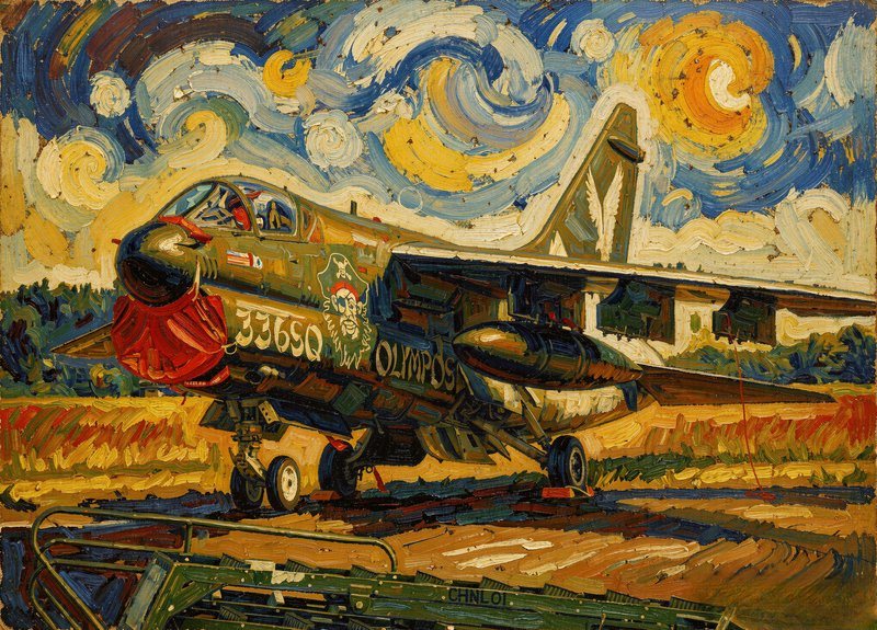 Post-impressionist Starry Night style painting of a marked military fighter jet parked on an airf...
