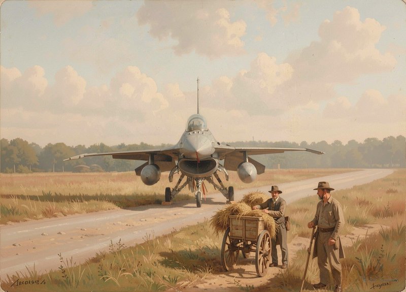 Oil painting of vintage farmers with a hay cart observing an F-16 fighter jet parked on a rural c...