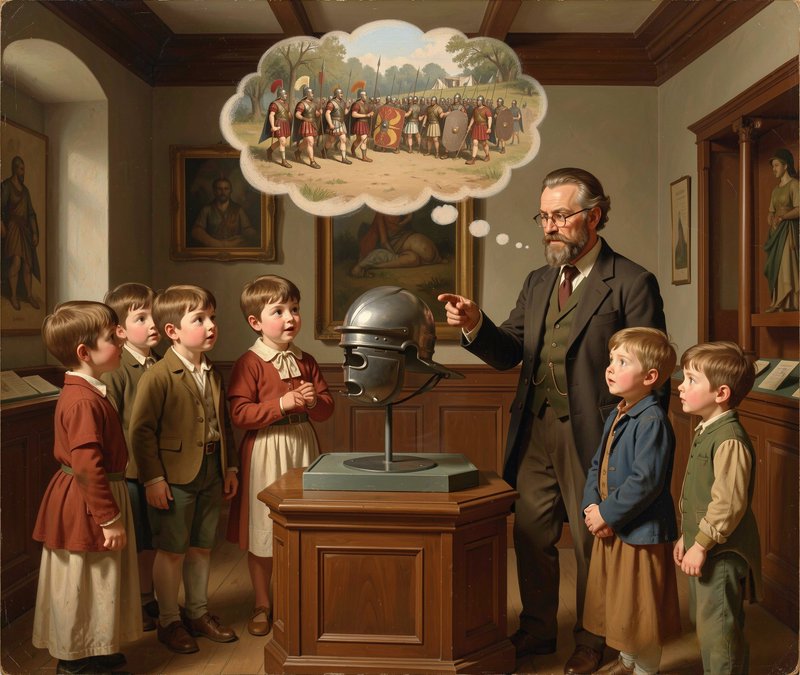 Victorian school teacher shows Roman infantry helmet to wide-eyed children, with a thought bubble...