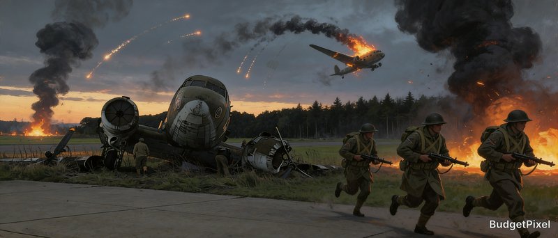 WWII combat scene, soldiers run past a crashed transport plane as a burning aircraft flies overhe...
